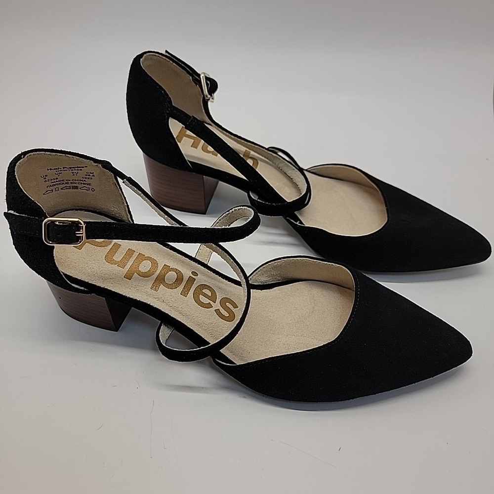 HUSH PUPPIES Sofie Cross Strap Black‎ Suede Leather Womens Sz 9 Mid Block Heels